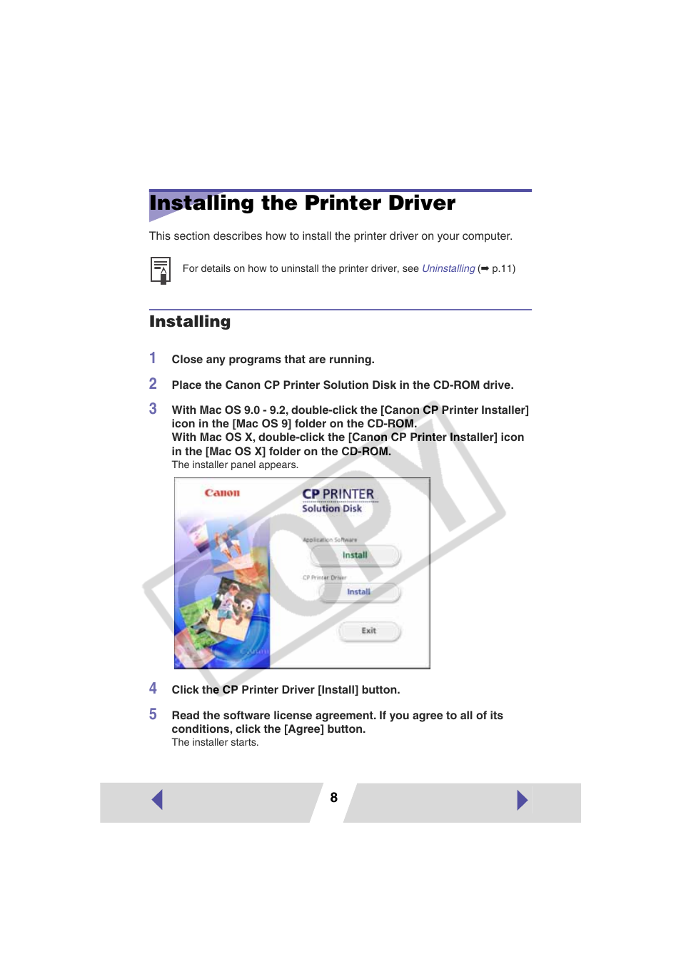Installing the printer driver, Installing 1 | Canon CP-330 User Manual | Page 8 / 64