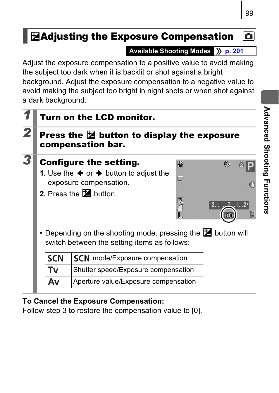 Adjusting the exposure compensation, P. 99) | Canon A590 IS User Manual | Page 101 / 207
