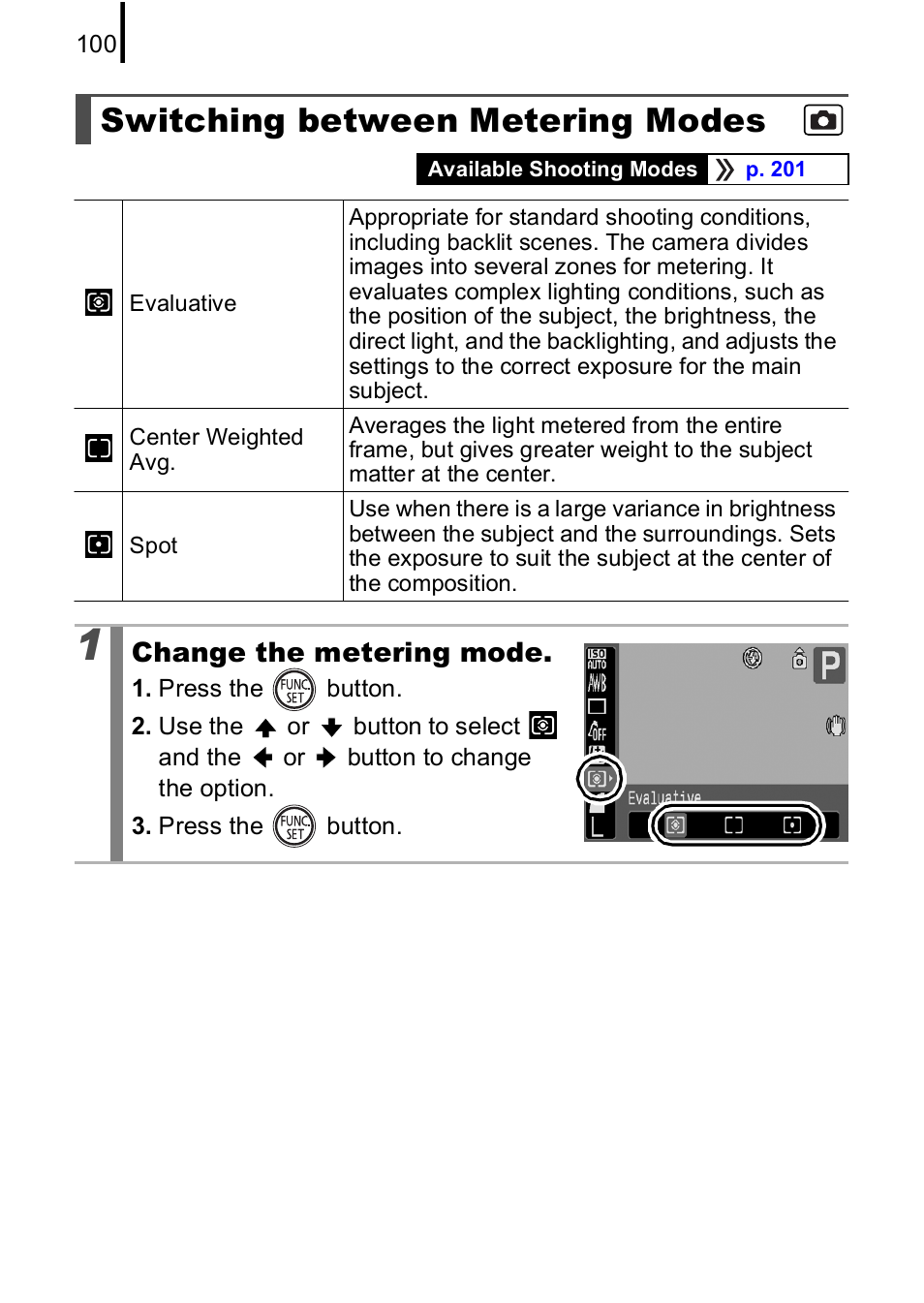 Switching between metering modes, P. 100, P. 100) | Canon A590 IS User Manual | Page 102 / 207