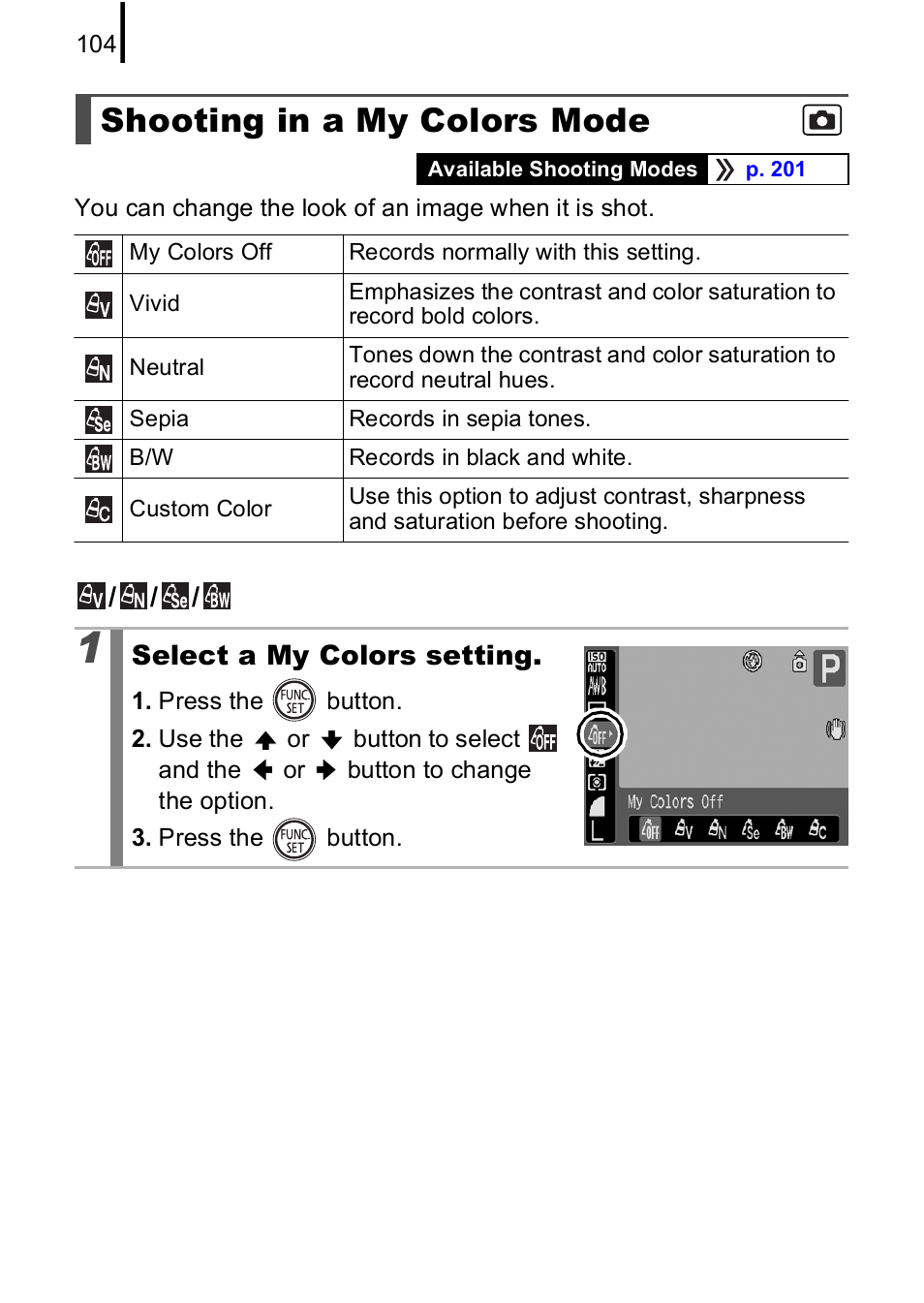 Shooting in a my colors mode, P. 104 | Canon A590 IS User Manual | Page 106 / 207