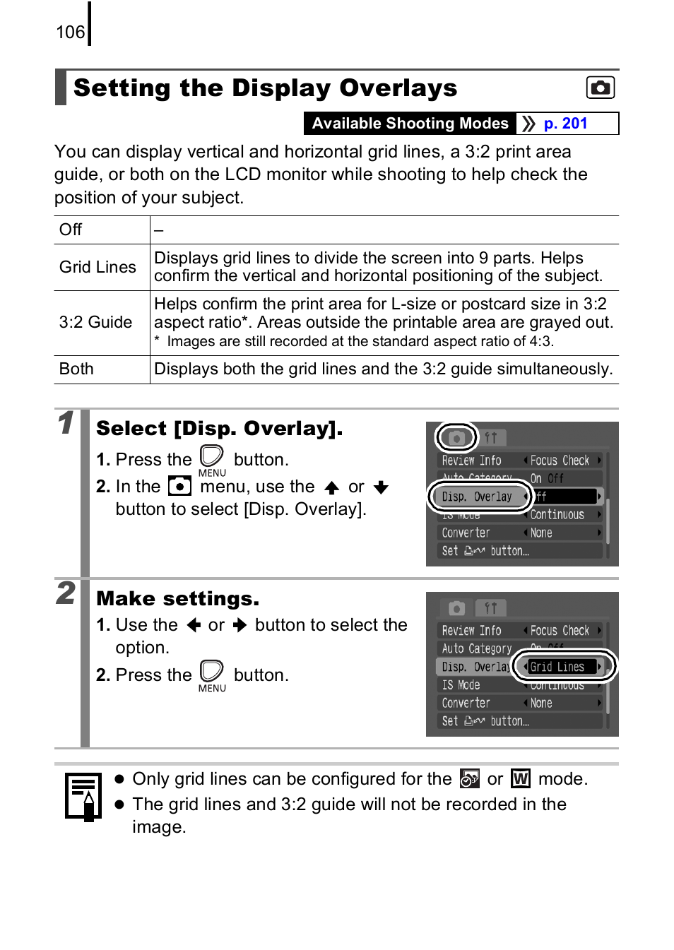 Setting the display overlays, P. 106 | Canon A590 IS User Manual | Page 108 / 207