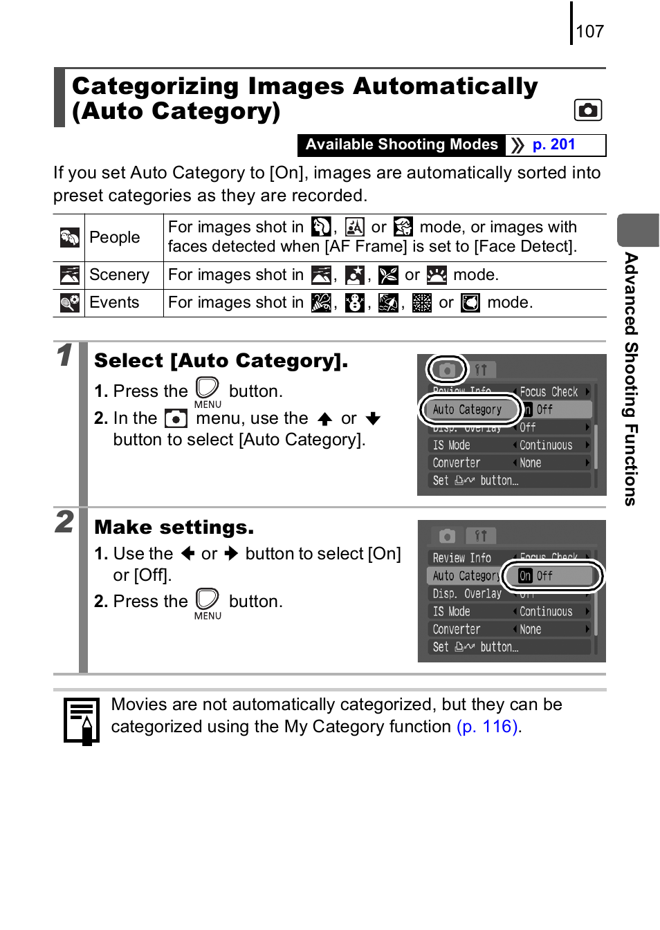 Categorizing images automatically (auto category), P. 107 | Canon A590 IS User Manual | Page 109 / 207