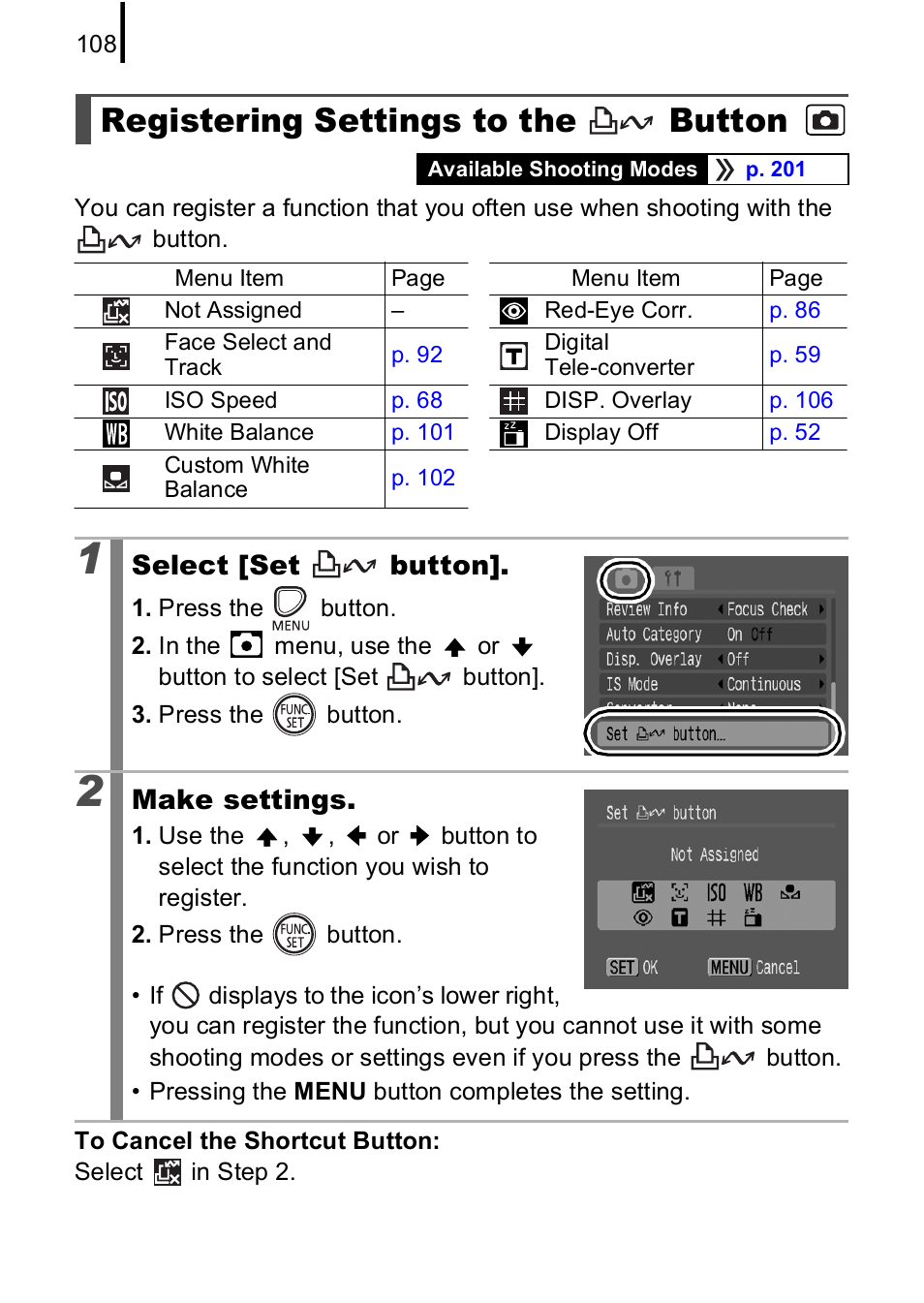 Registering settings to the button, Registering settings to the, Button | P. 108, P. 108) | Canon A590 IS User Manual | Page 110 / 207