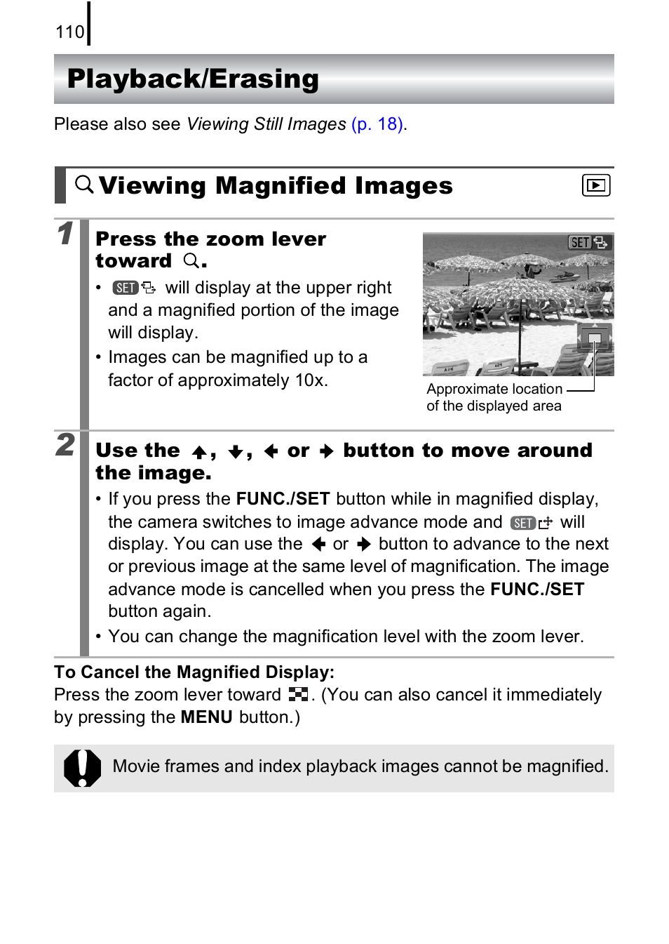 Playback/erasing, Viewing magnified images | Canon A590 IS User Manual | Page 112 / 207