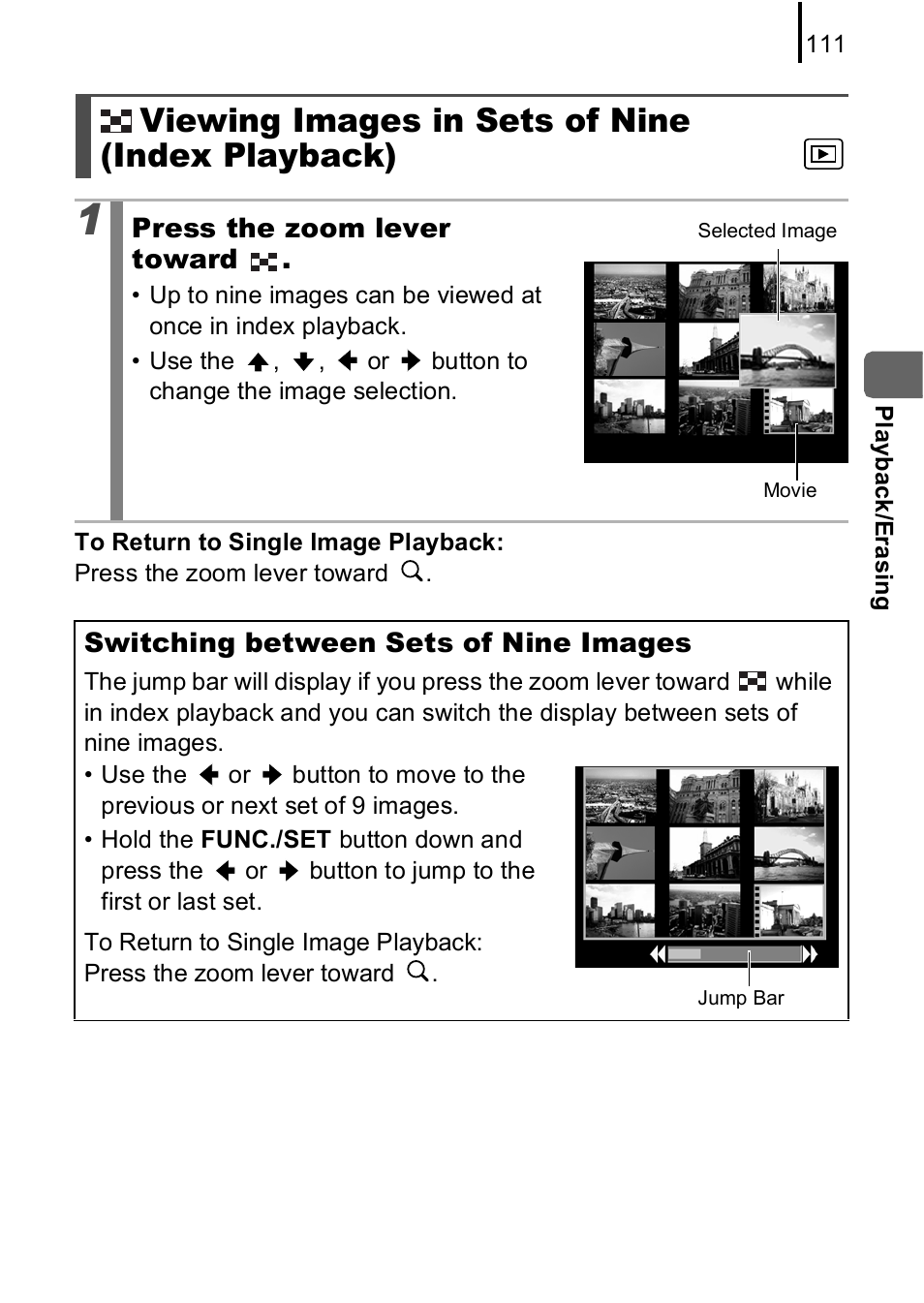 Viewing images in sets of nine (index playback) | Canon A590 IS User Manual | Page 113 / 207