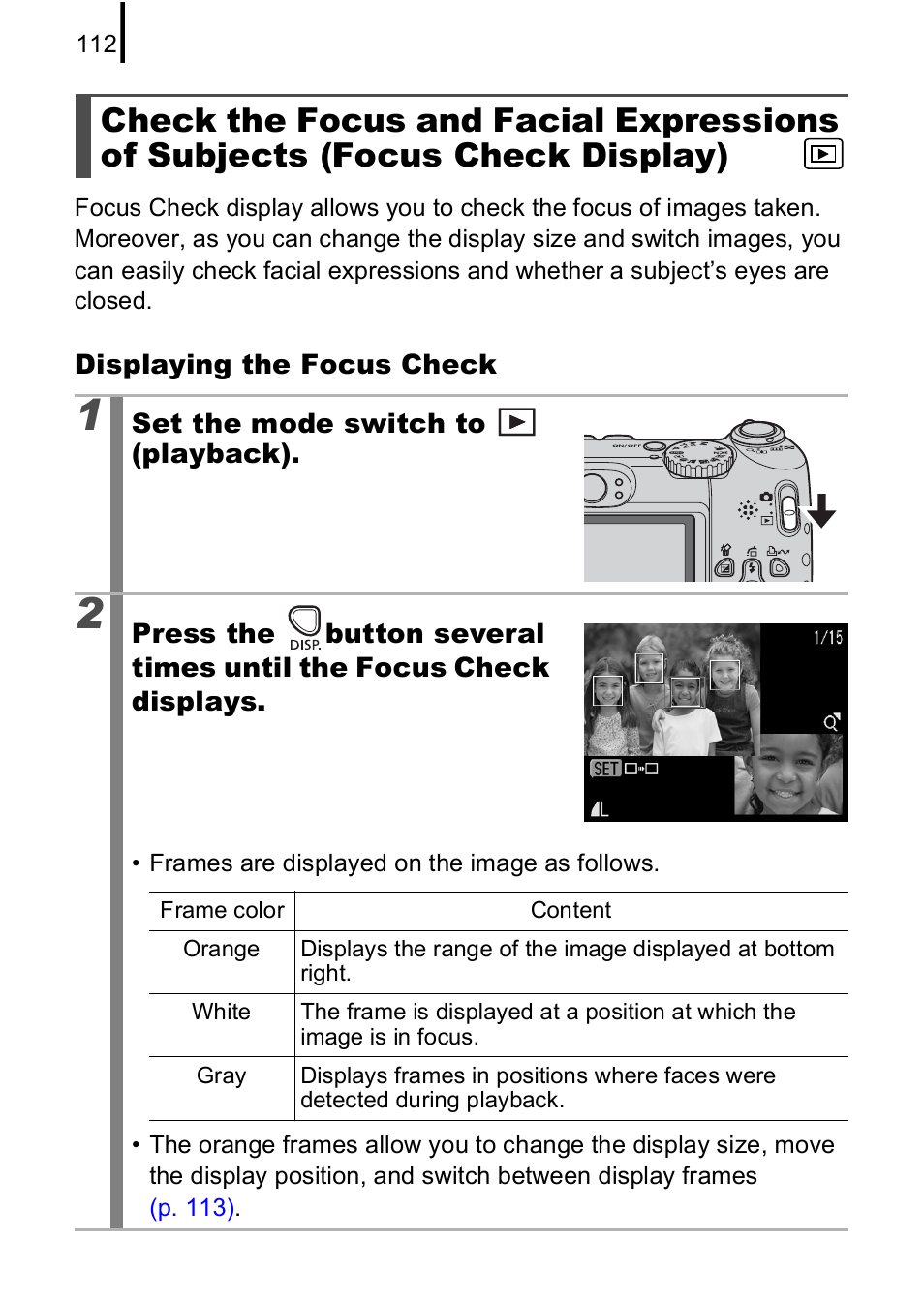 Check the focus and facial expressions of subjects, Focus check display), P. 112) | Canon A590 IS User Manual | Page 114 / 207