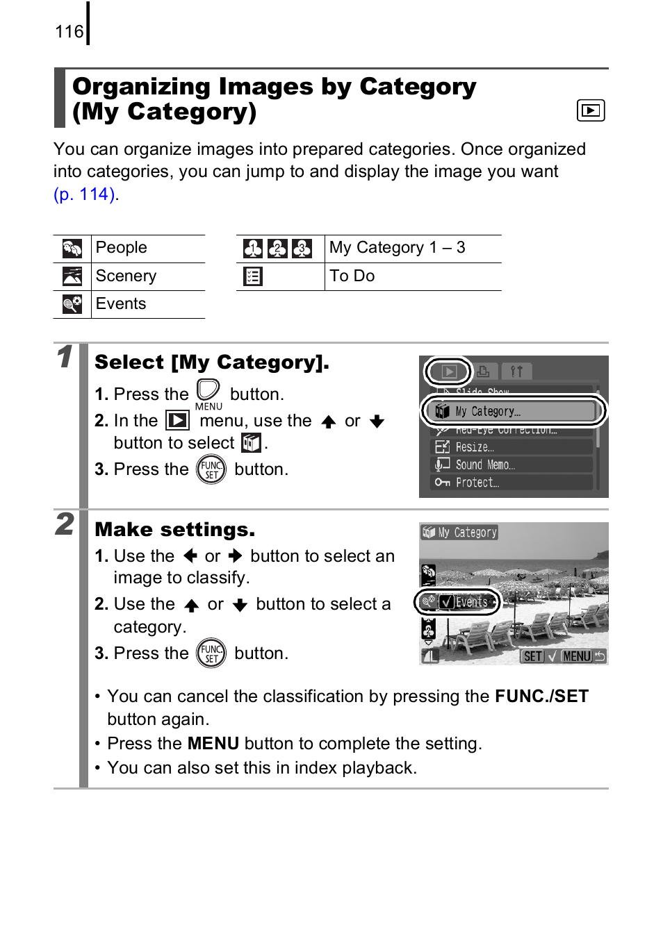 Organizing images by category (my category), P. 116, P. 116) | Canon A590 IS User Manual | Page 118 / 207