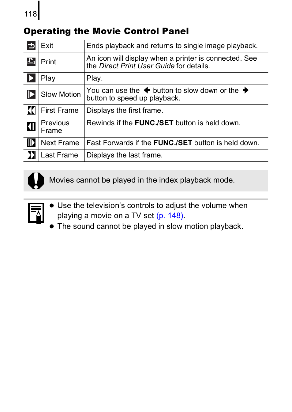 Operating the movie control panel | Canon A590 IS User Manual | Page 120 / 207