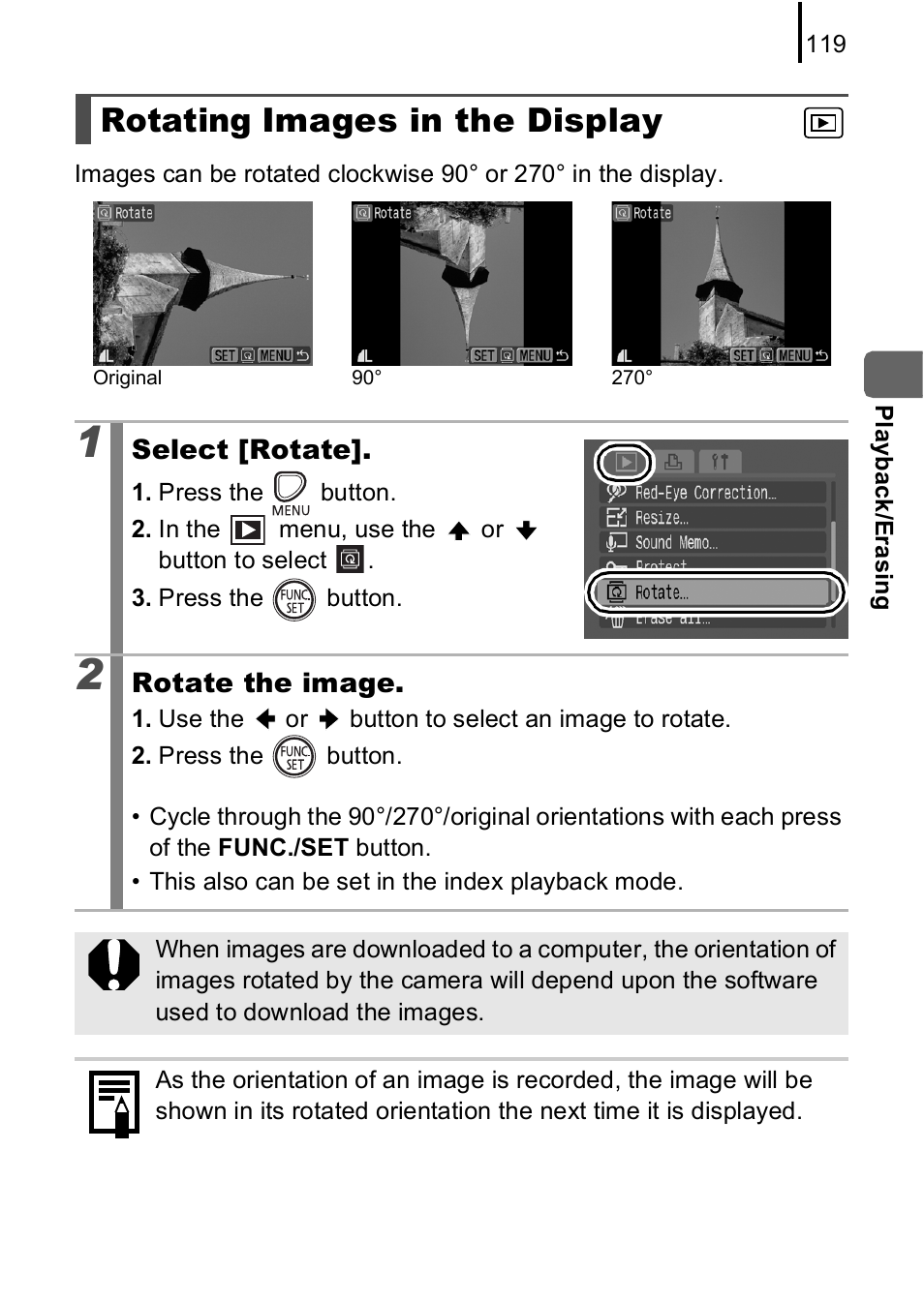 Rotating images in the display, P. 119 | Canon A590 IS User Manual | Page 121 / 207