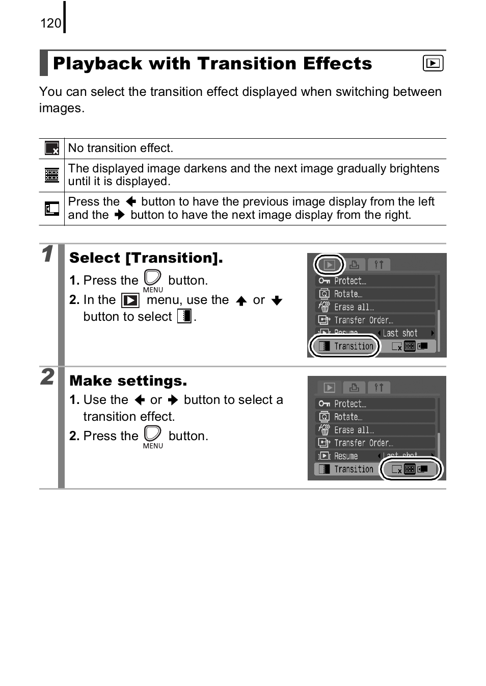 Playback with transition effects, P. 120 | Canon A590 IS User Manual | Page 122 / 207