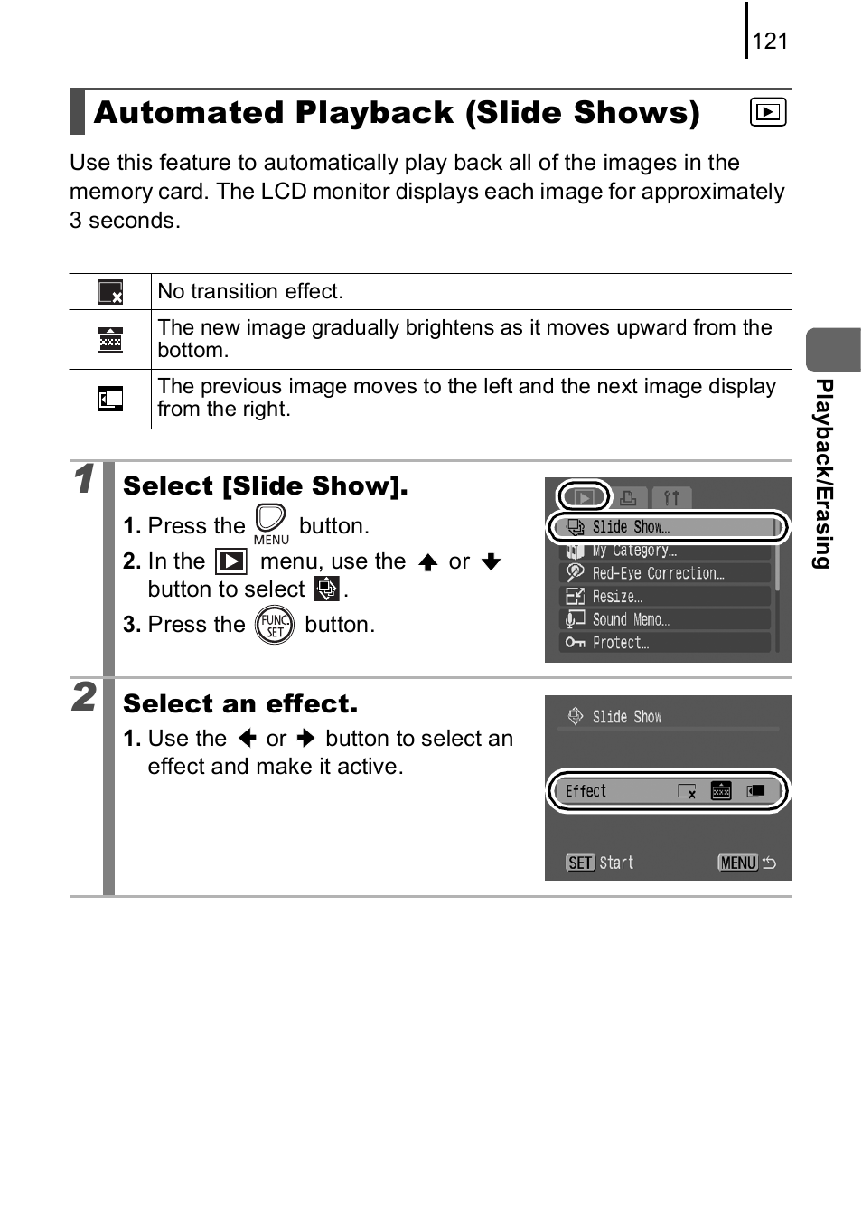 Automated playback (slide shows), P. 121 | Canon A590 IS User Manual | Page 123 / 207