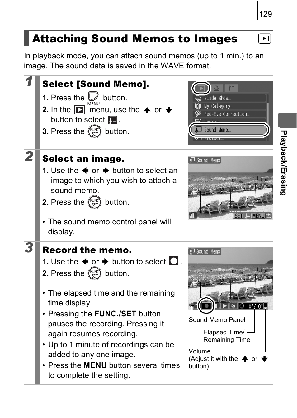 Attaching sound memos to images, P. 129 | Canon A590 IS User Manual | Page 131 / 207