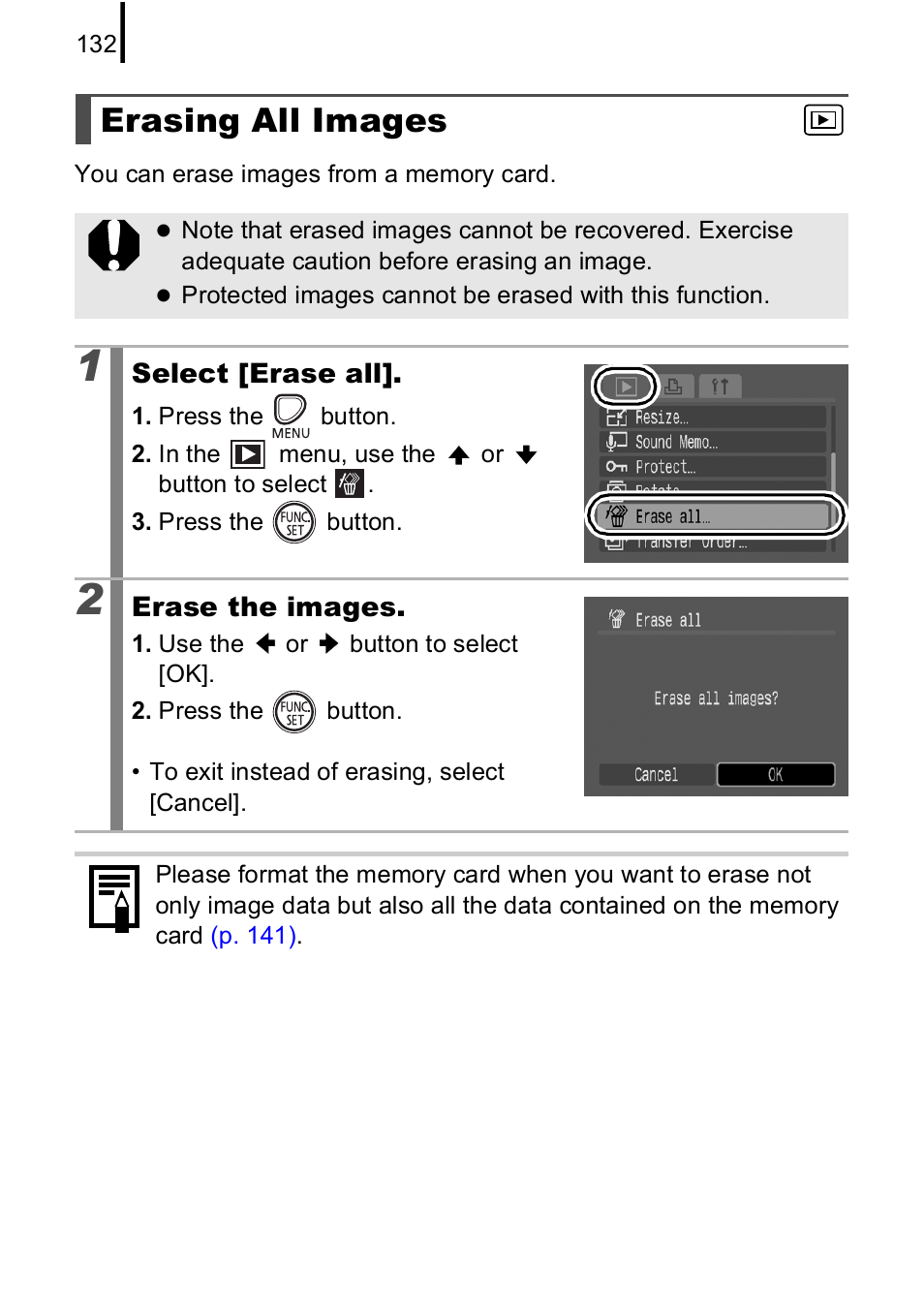 Erasing all images, P. 132 | Canon A590 IS User Manual | Page 134 / 207