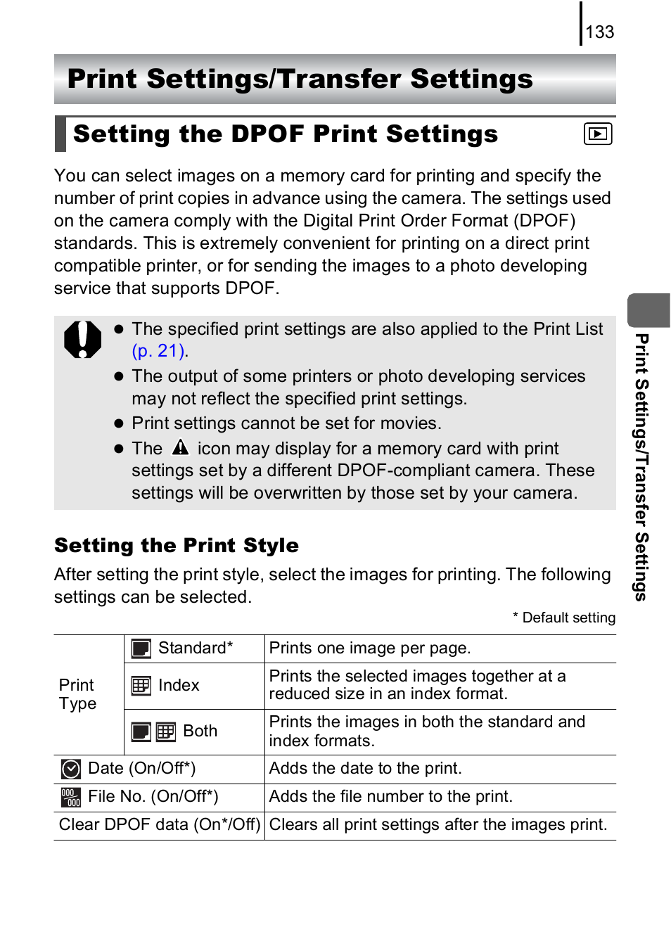 Print settings/transfer settings, Setting the dpof print settings, P. 133 | Canon A590 IS User Manual | Page 135 / 207