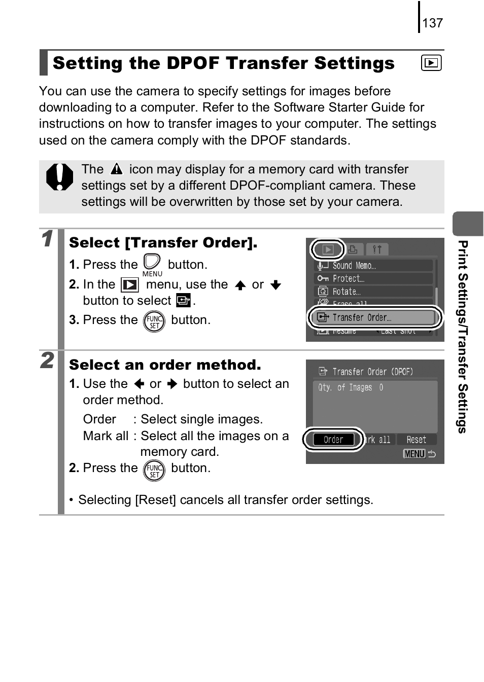 Setting the dpof transfer settings, P. 137 | Canon A590 IS User Manual | Page 139 / 207