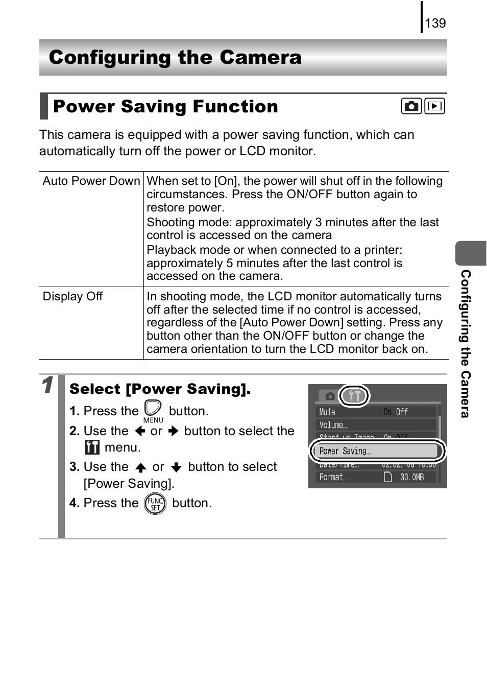 Configuring the camera, Power saving function | Canon A590 IS User Manual | Page 141 / 207