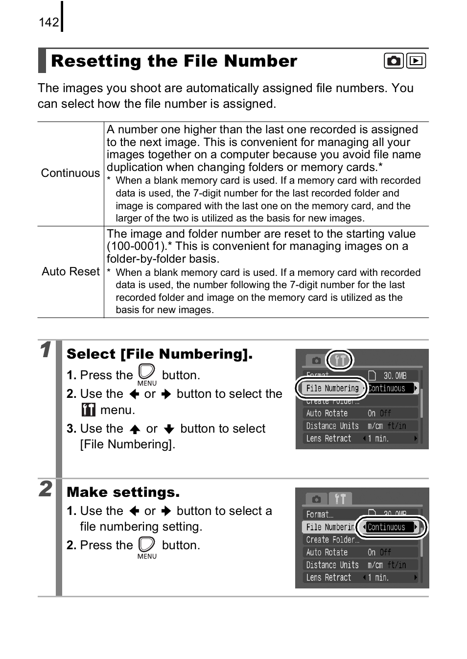 Resetting the file number, P. 142 | Canon A590 IS User Manual | Page 144 / 207