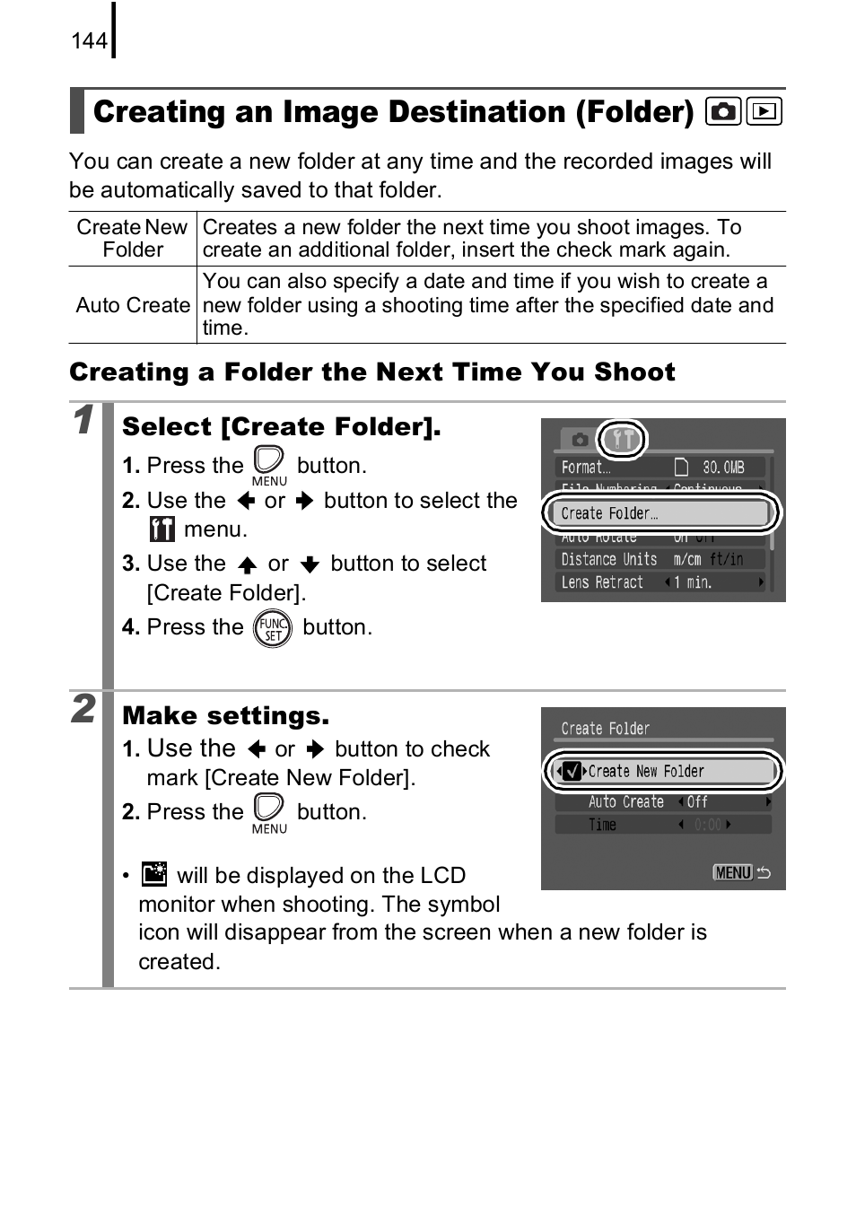 Creating an image destination (folder), P. 144 | Canon A590 IS User Manual | Page 146 / 207