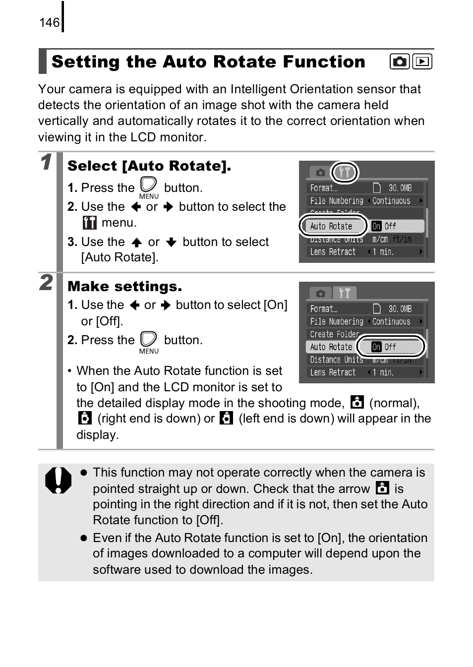 Setting the auto rotate function, P. 146 | Canon A590 IS User Manual | Page 148 / 207