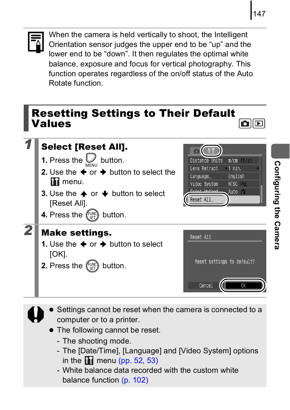 Resetting settings to their default values, P. 147 | Canon A590 IS User Manual | Page 149 / 207