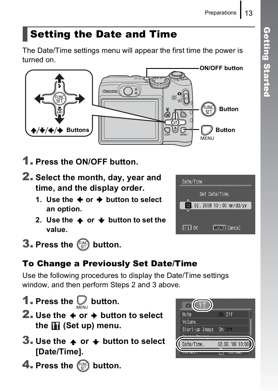 Setting the date and time | Canon A590 IS User Manual | Page 15 / 207