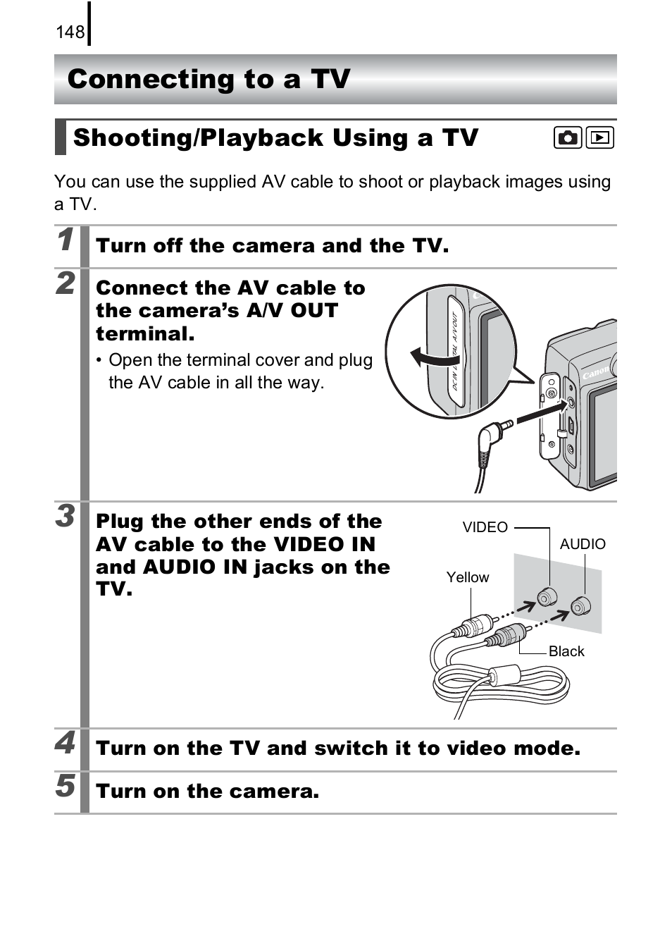 Connecting to a tv, Shooting/playback using a tv, P. 148) | P. 148 | Canon A590 IS User Manual | Page 150 / 207