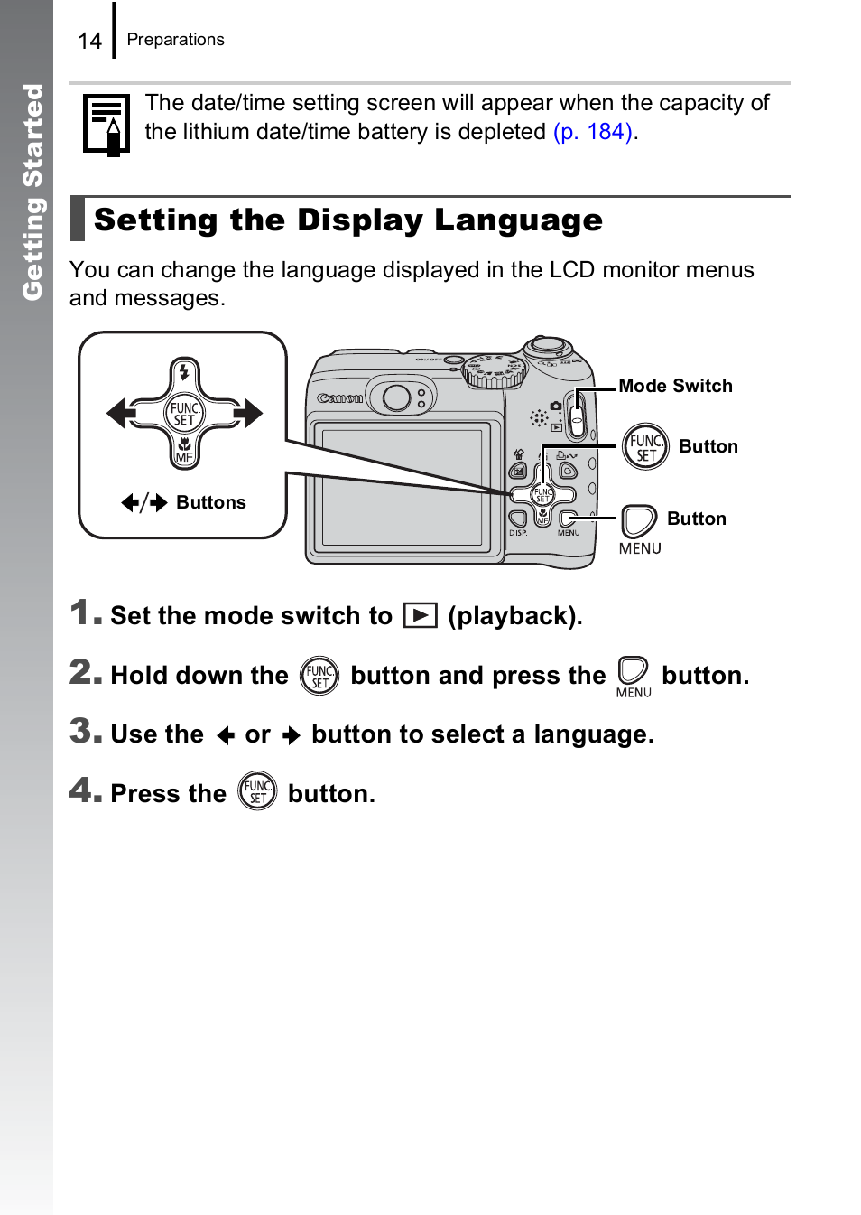 P. 14), Setting the display language | Canon A590 IS User Manual | Page 16 / 207