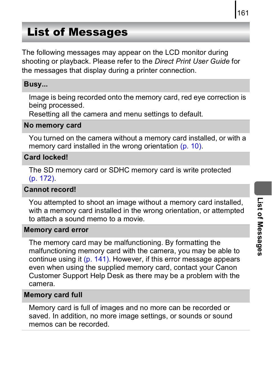 List of messages | Canon A590 IS User Manual | Page 163 / 207