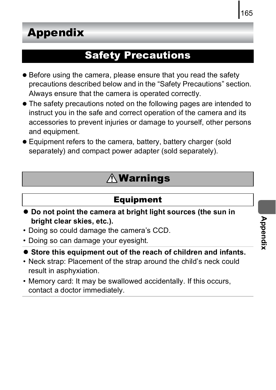 Appendix, Safety precautions, Pp. 165 | Safety precautions warnings | Canon A590 IS User Manual | Page 167 / 207