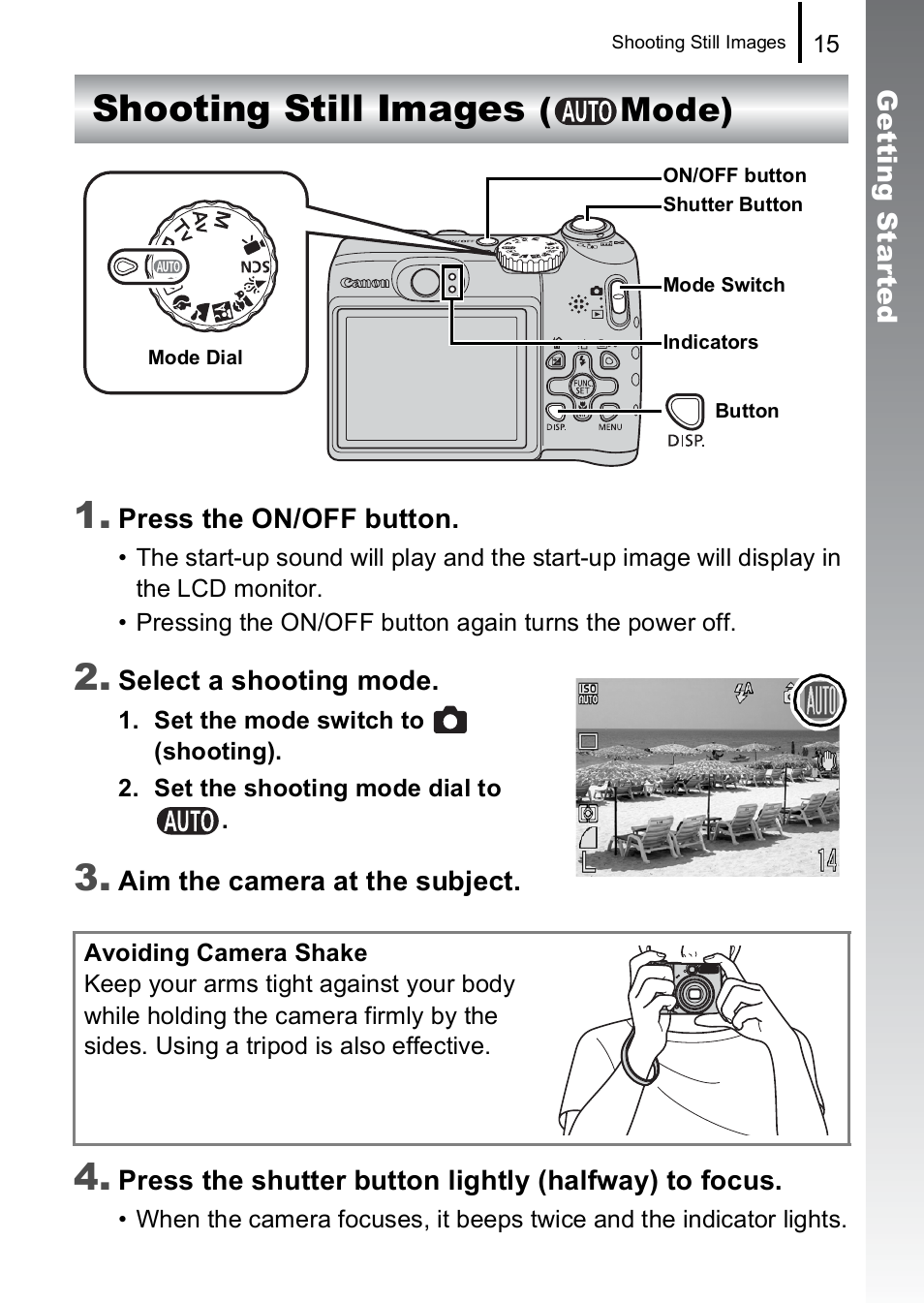 Shooting still images, Mode), Shooting still images 1 | Canon A590 IS User Manual | Page 17 / 207