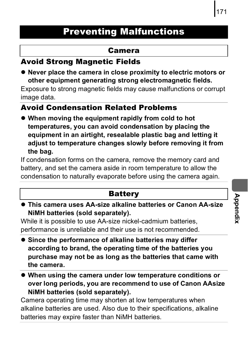 Preventing malfunctions, P. 171) | Canon A590 IS User Manual | Page 173 / 207