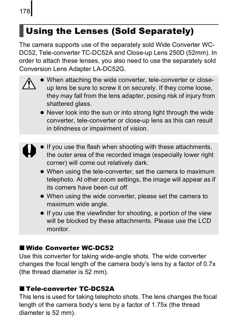 Using the lenses (sold separately) | Canon A590 IS User Manual | Page 180 / 207