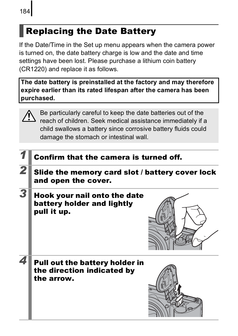 Replacing the date battery, P. 184) | Canon A590 IS User Manual | Page 186 / 207