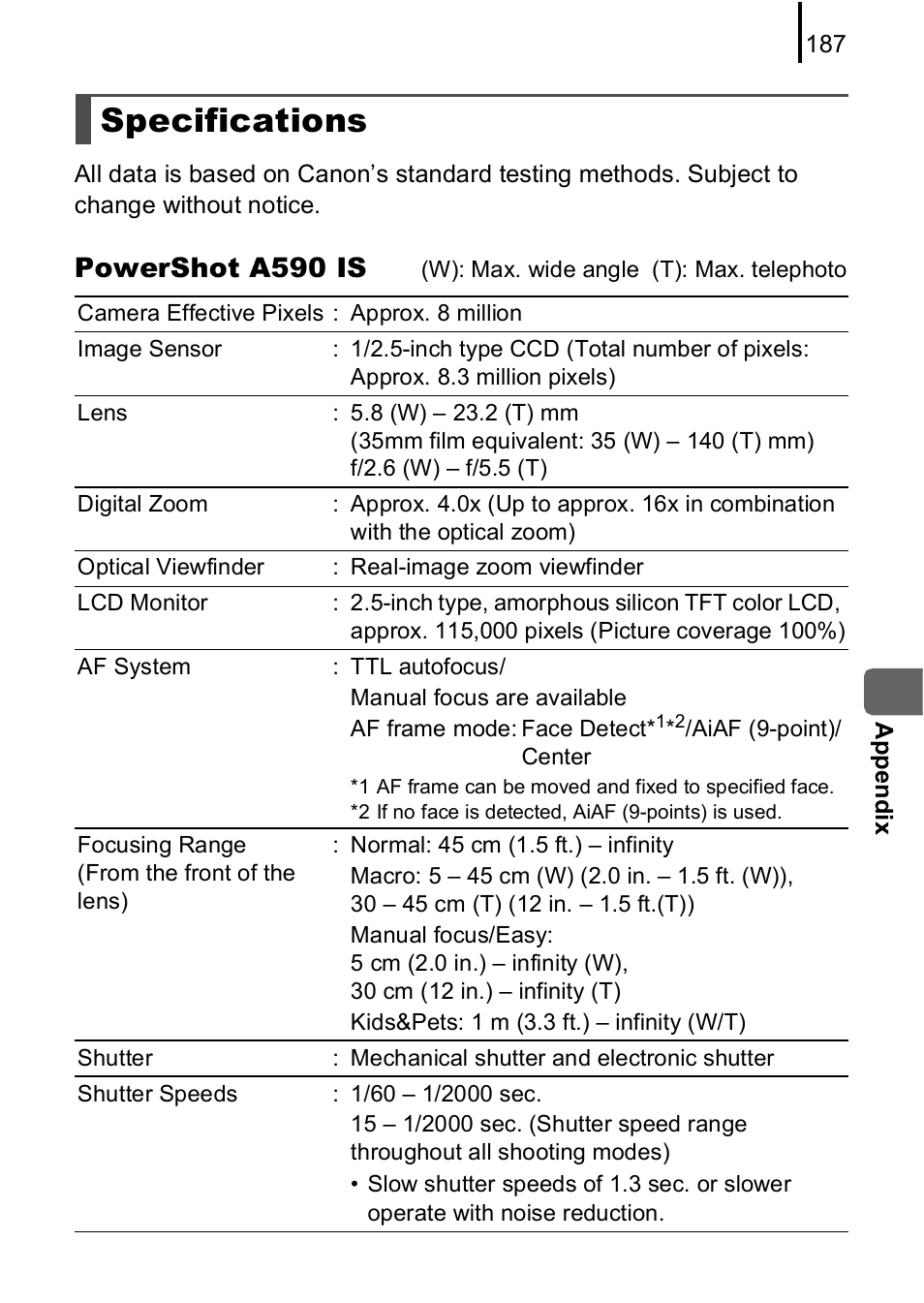 Specifications, P. 187), Powershot a590 is | Canon A590 IS User Manual | Page 189 / 207