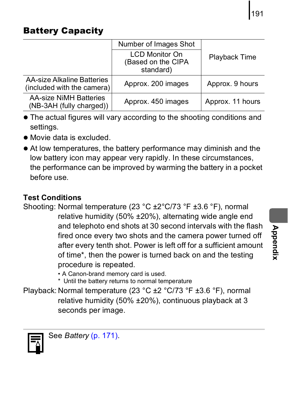 Battery capacity | Canon A590 IS User Manual | Page 193 / 207