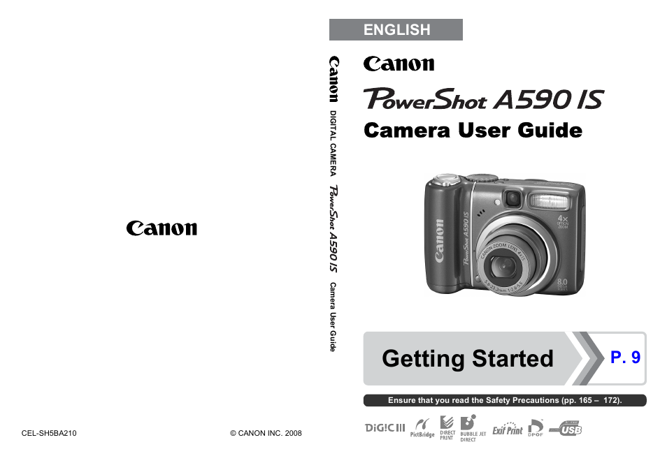 Getting started, Camera user guide, P. 9 | English | Canon A590 IS User Manual | Page 207 / 207