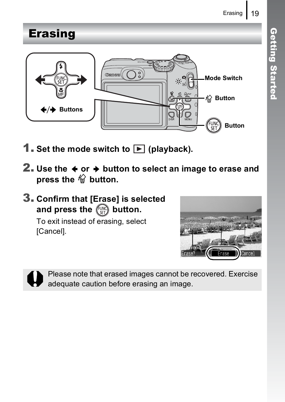 Erasing, Erasing 1 | Canon A590 IS User Manual | Page 21 / 207