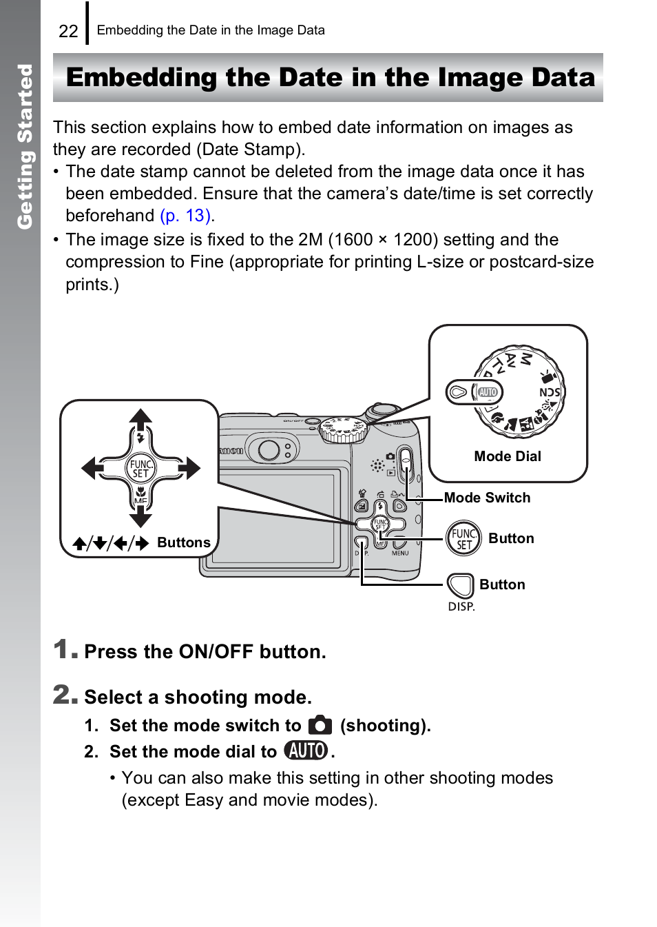 Embedding the date in the image data | Canon A590 IS User Manual | Page 24 / 207