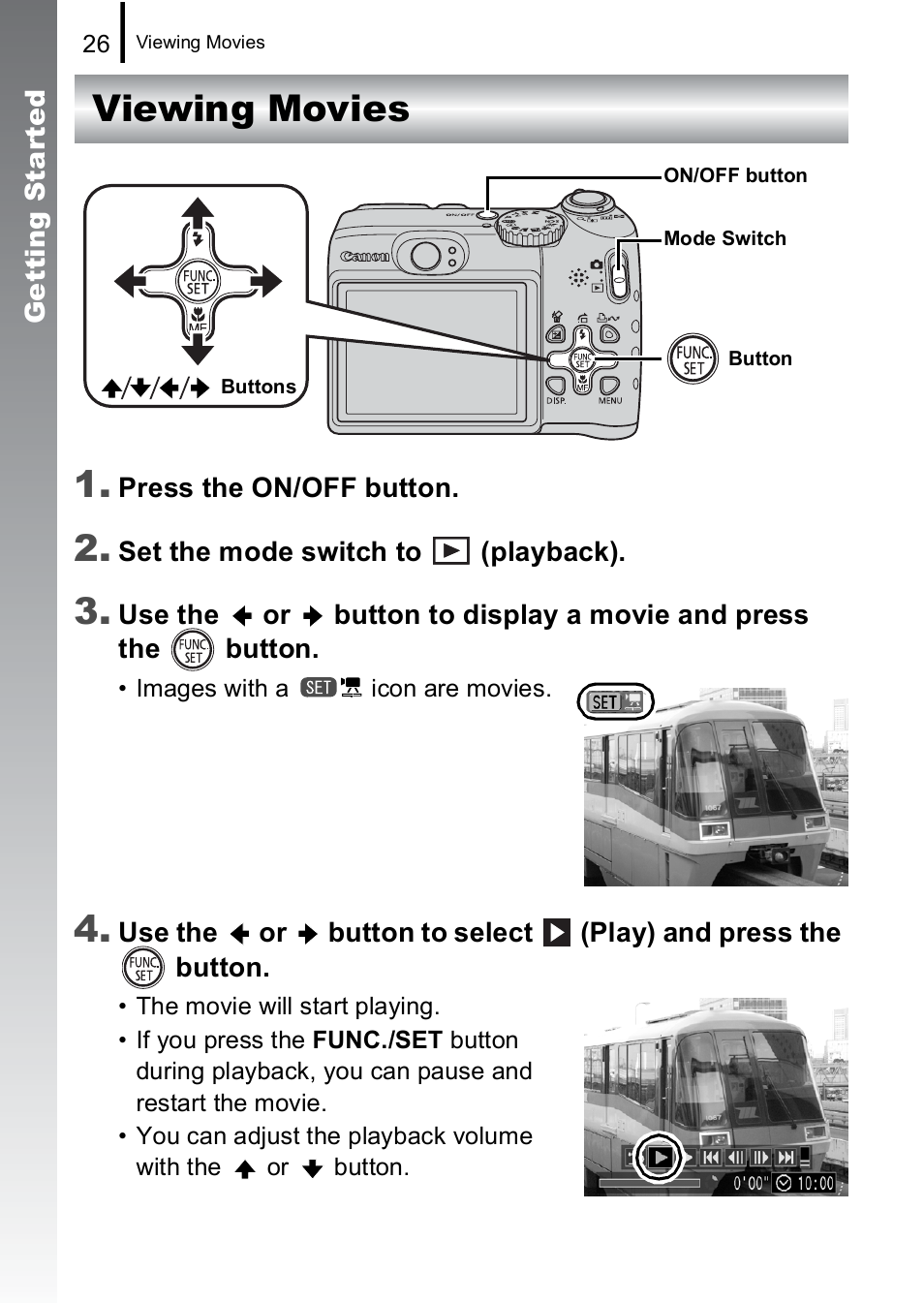 Viewing movies, Viewing movies 1 | Canon A590 IS User Manual | Page 28 / 207