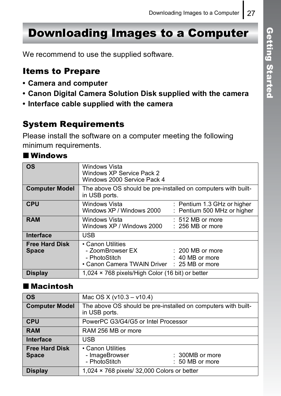 Downloading images to a computer, Get ting st ar te d, Items to prepare | System requirements | Canon A590 IS User Manual | Page 29 / 207