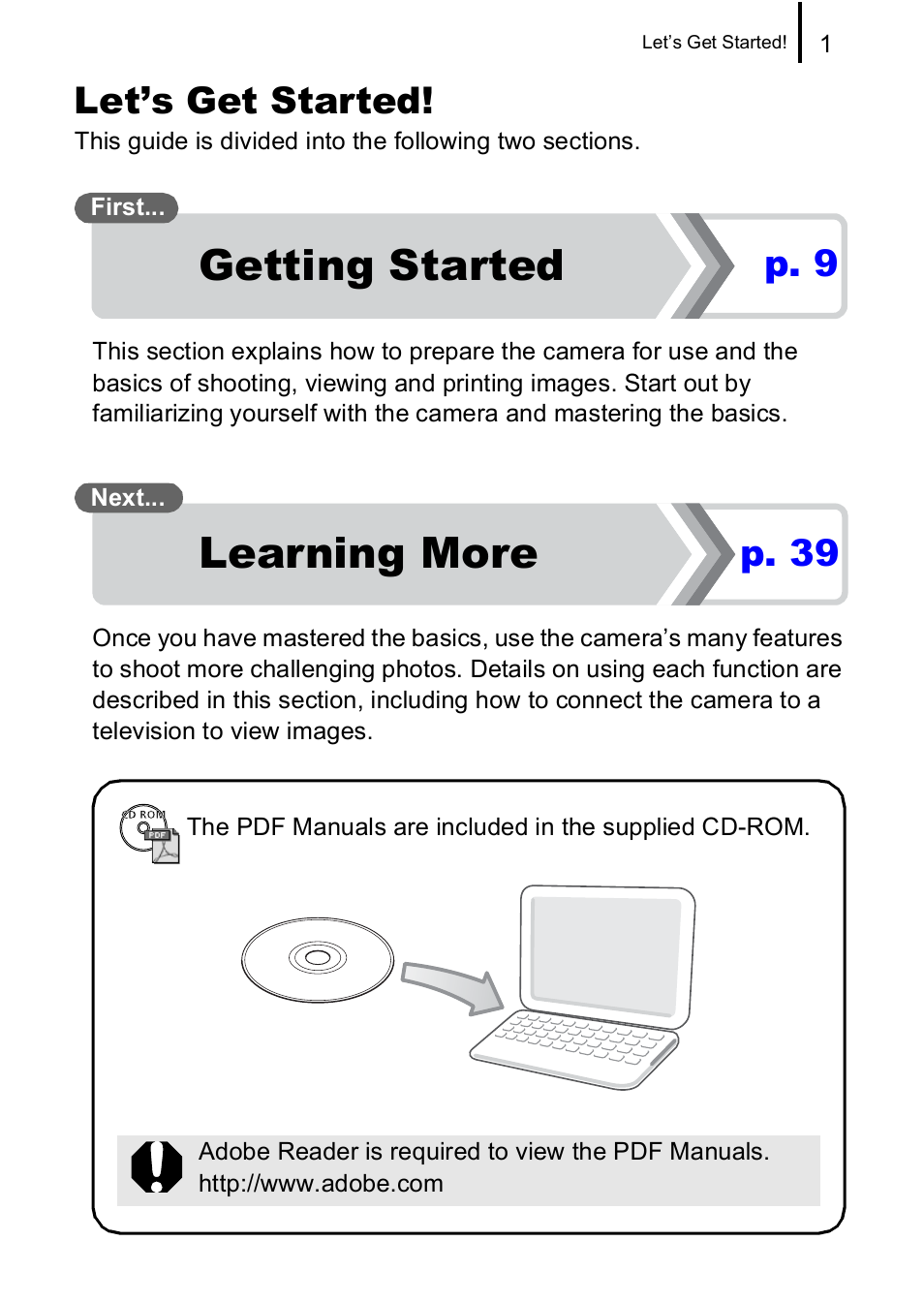 Learning more, Getting started, Let’s get started | P. 9, P. 39 | Canon A590 IS User Manual | Page 3 / 207