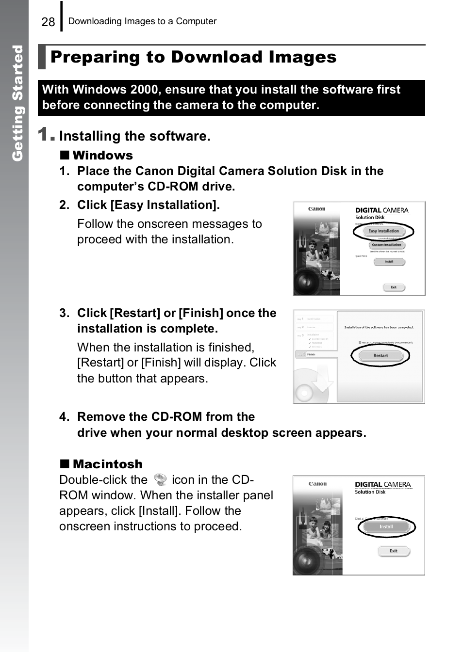 Preparing to download images | Canon A590 IS User Manual | Page 30 / 207