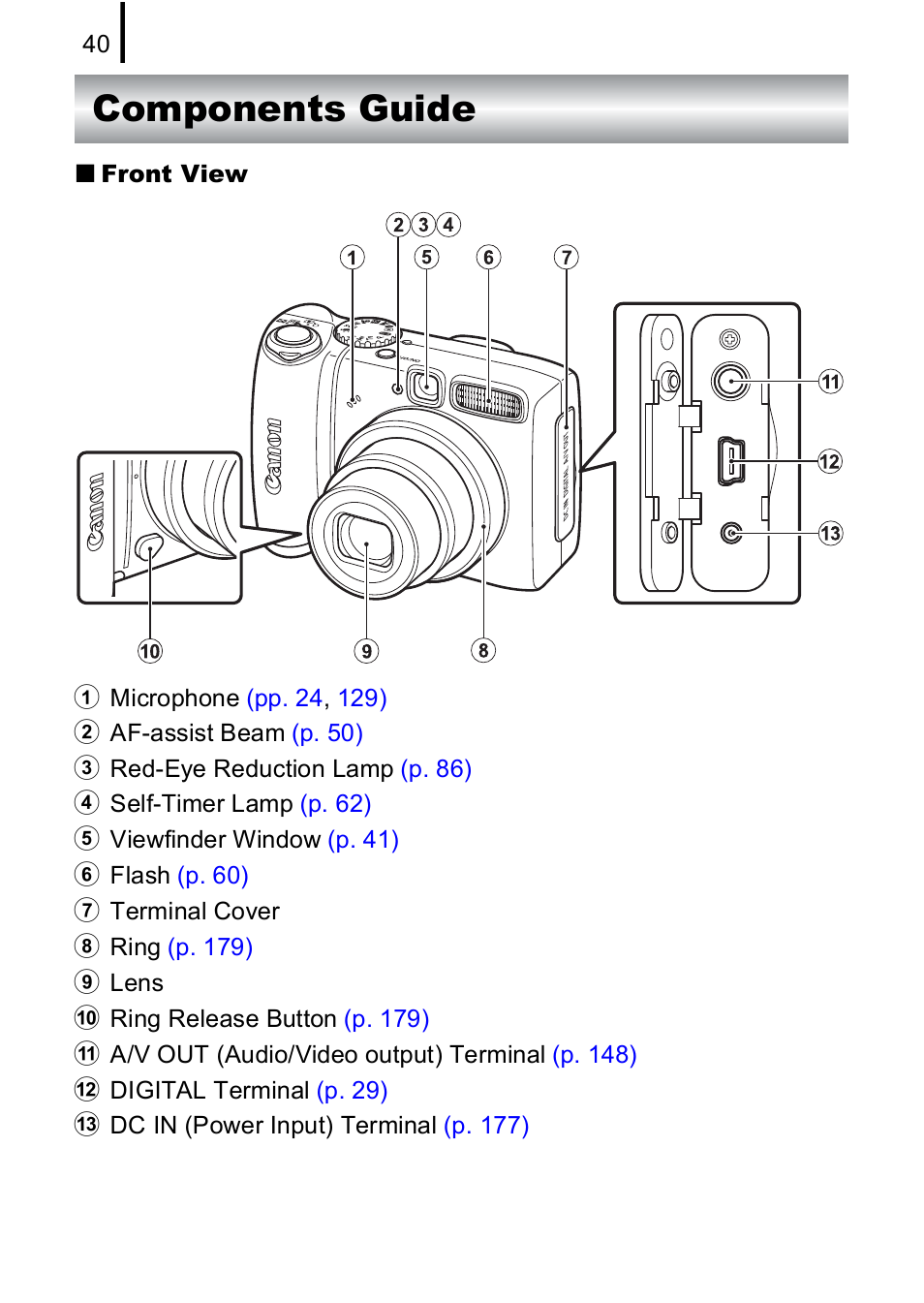 Components guide | Canon A590 IS User Manual | Page 42 / 207