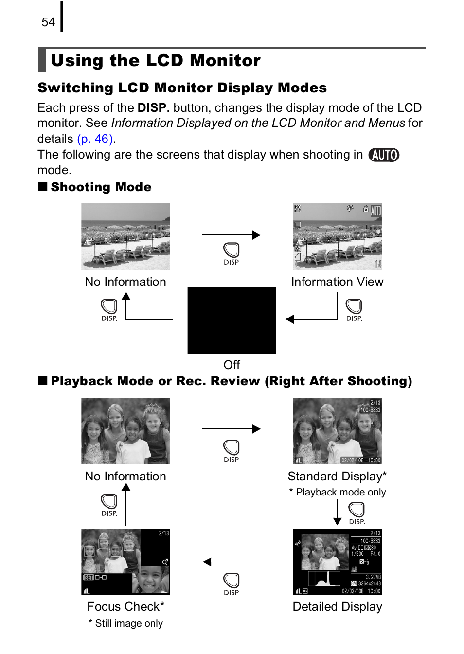 Using the lcd monitor, P. 54) | Canon A590 IS User Manual | Page 56 / 207