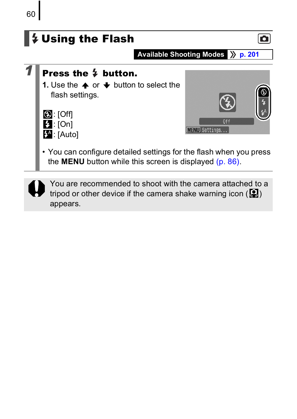Using the flash, P. 60), Pp. 60 | Canon A590 IS User Manual | Page 62 / 207