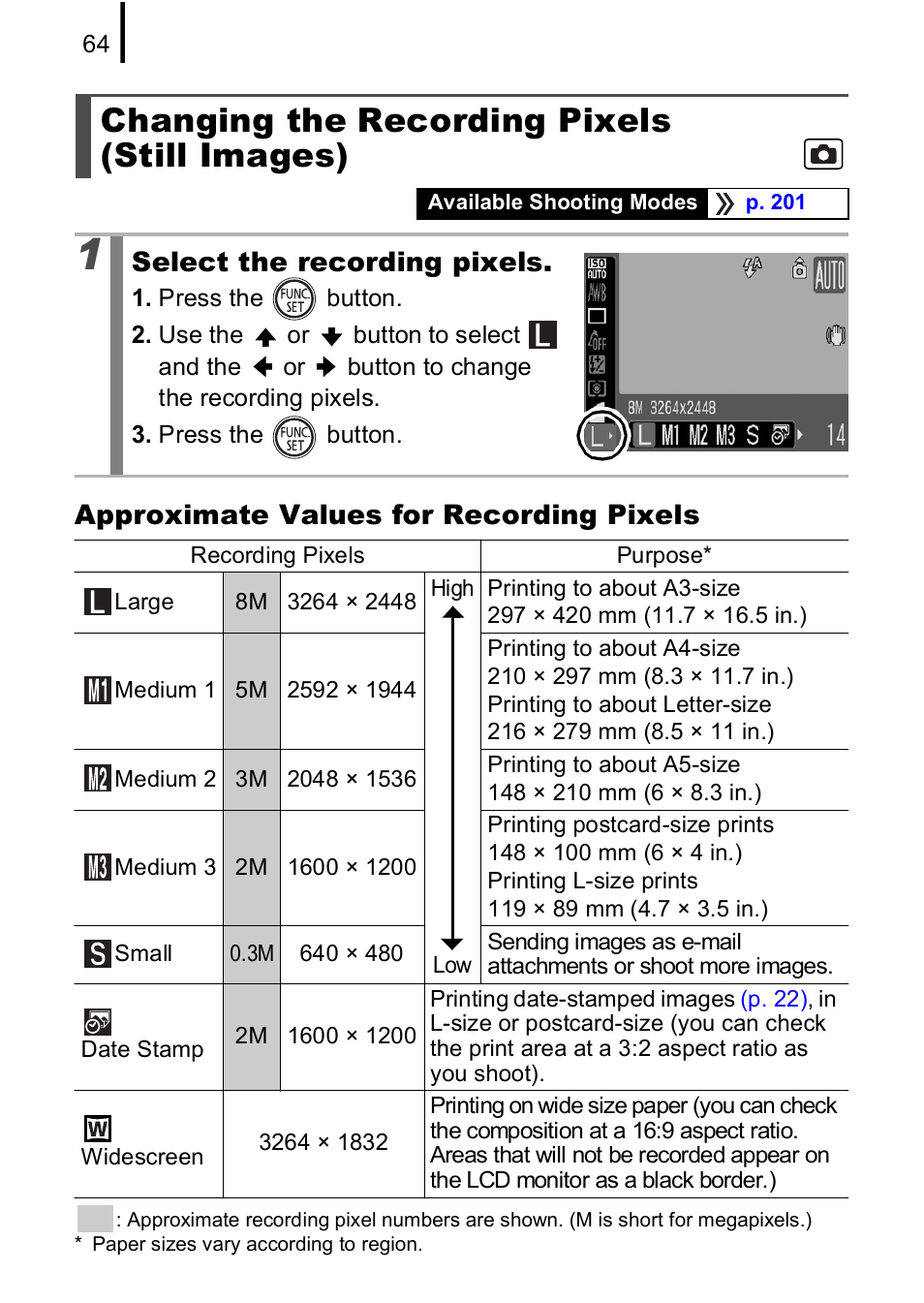 Changing the recording pixels (still images), P. 64 | Canon A590 IS User Manual | Page 66 / 207