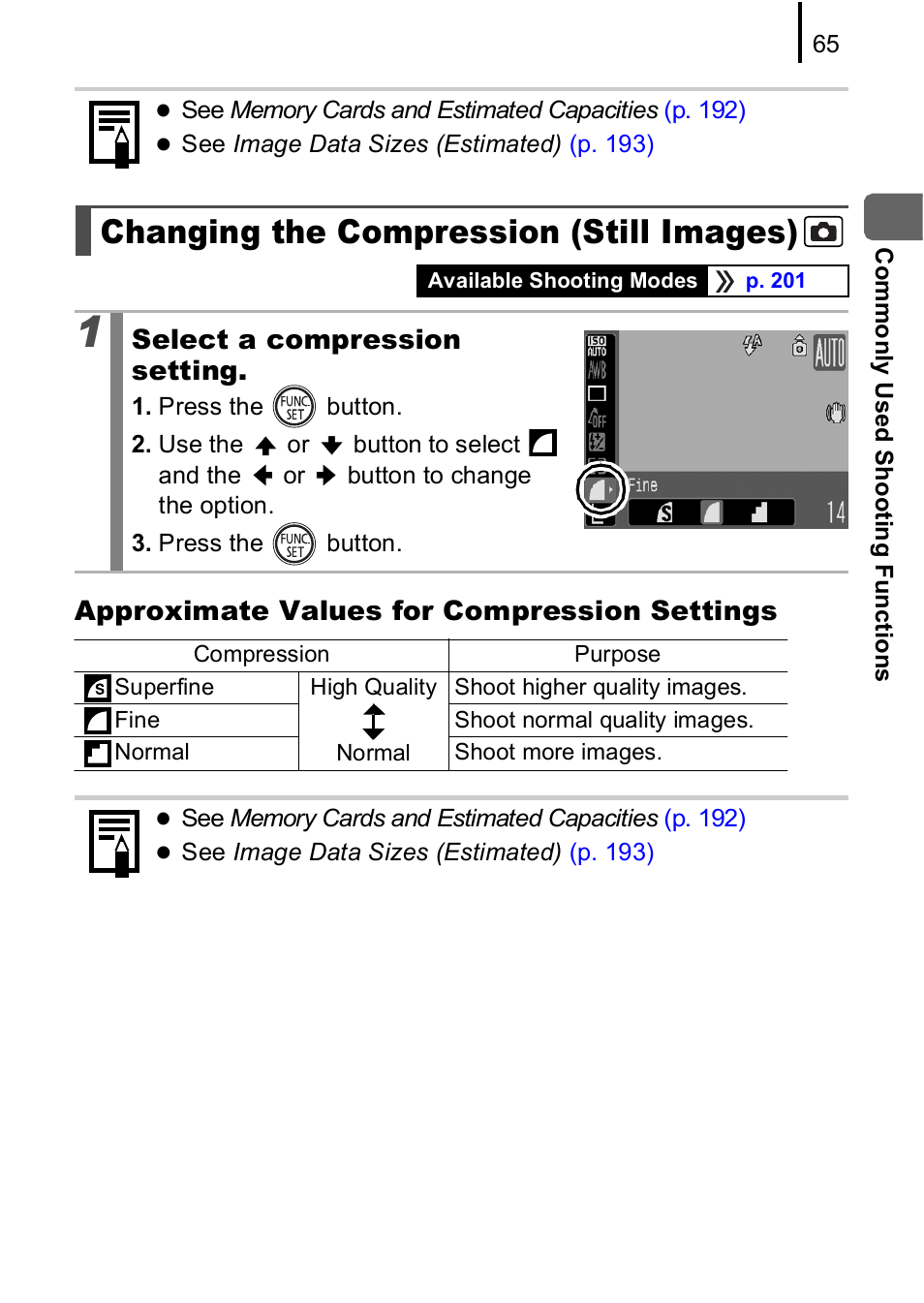 Changing the compression (still images), P. 65 | Canon A590 IS User Manual | Page 67 / 207