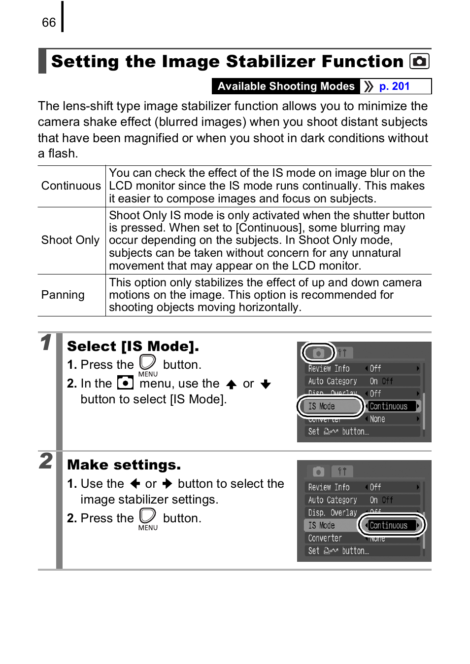 Setting the image stabilizer function, P. 66 | Canon A590 IS User Manual | Page 68 / 207