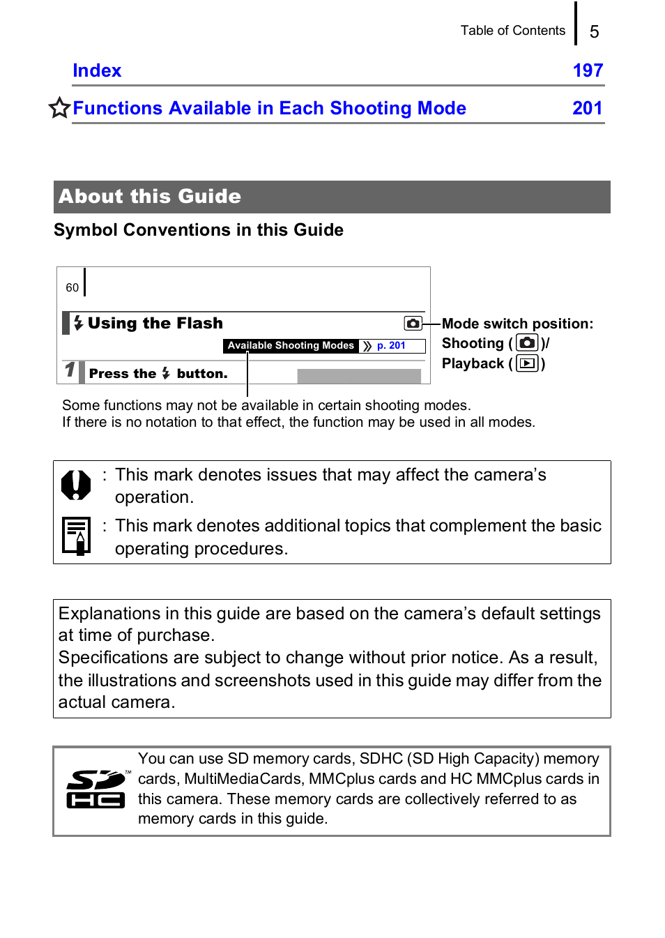 About this guide | Canon A590 IS User Manual | Page 7 / 207