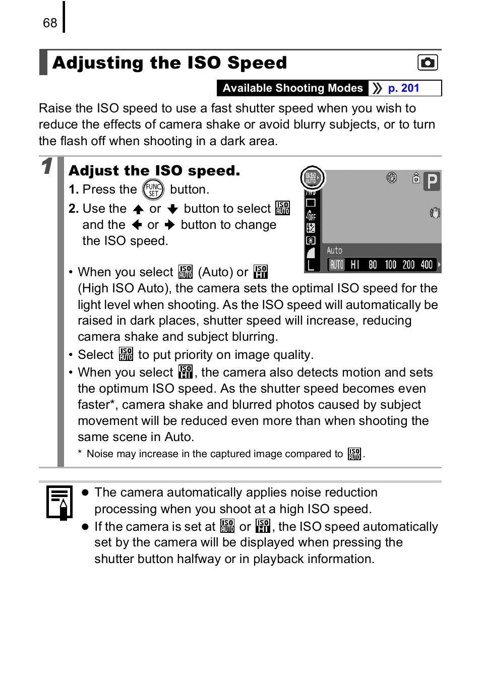 Adjusting the iso speed, P. 68 | Canon A590 IS User Manual | Page 70 / 207